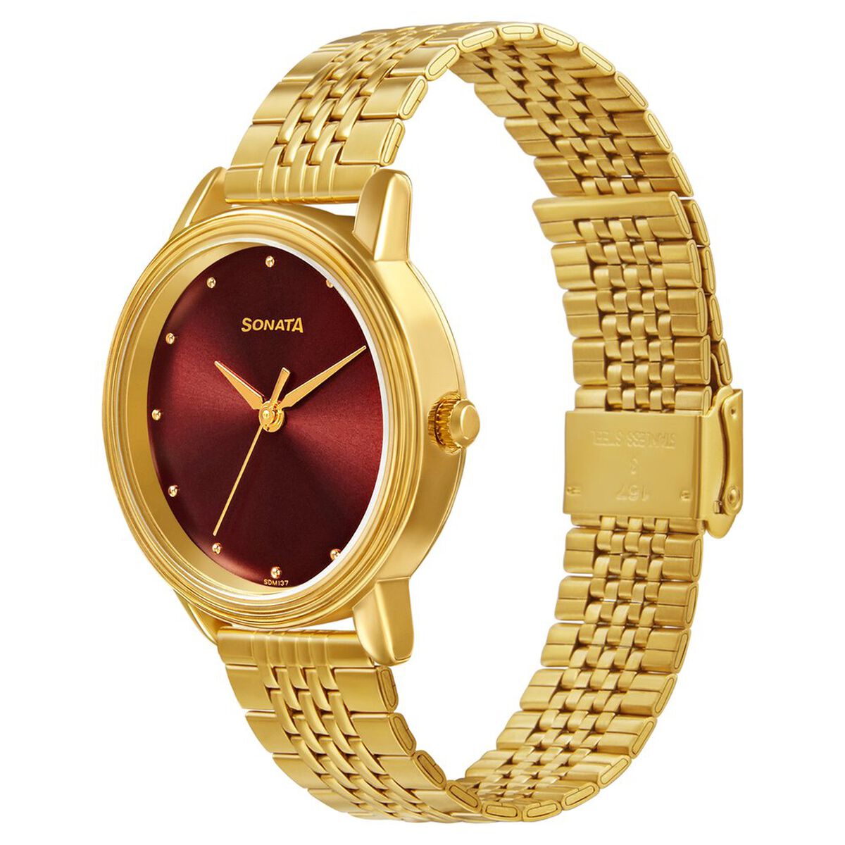 Sonata Gold Edit Maroon Dial Gold-Tone Stainless Steel Strap Women's Watch 8175YM03 - view 2