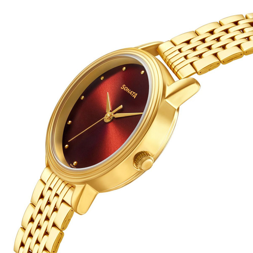 Sonata Gold Edit Maroon Dial Gold-Tone Stainless Steel Strap Women's Watch 8175YM03 - view 3