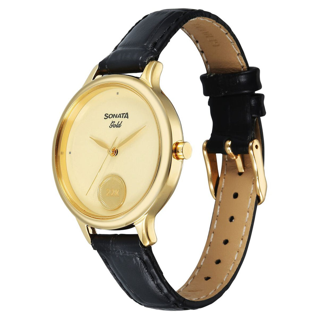 Sonata Gold Champagne with Gold Coin Dial Black Leather Strap Women's Watch 8190YL02 - view 3
