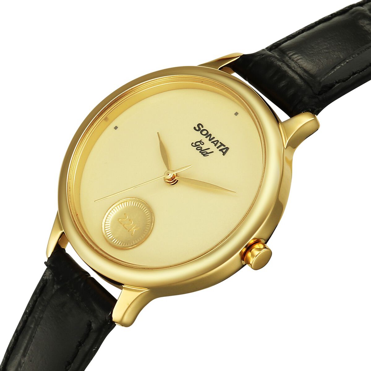 Sonata Gold Champagne with Gold Coin Dial Black Leather Strap Women's Watch 8190YL02 - view 5