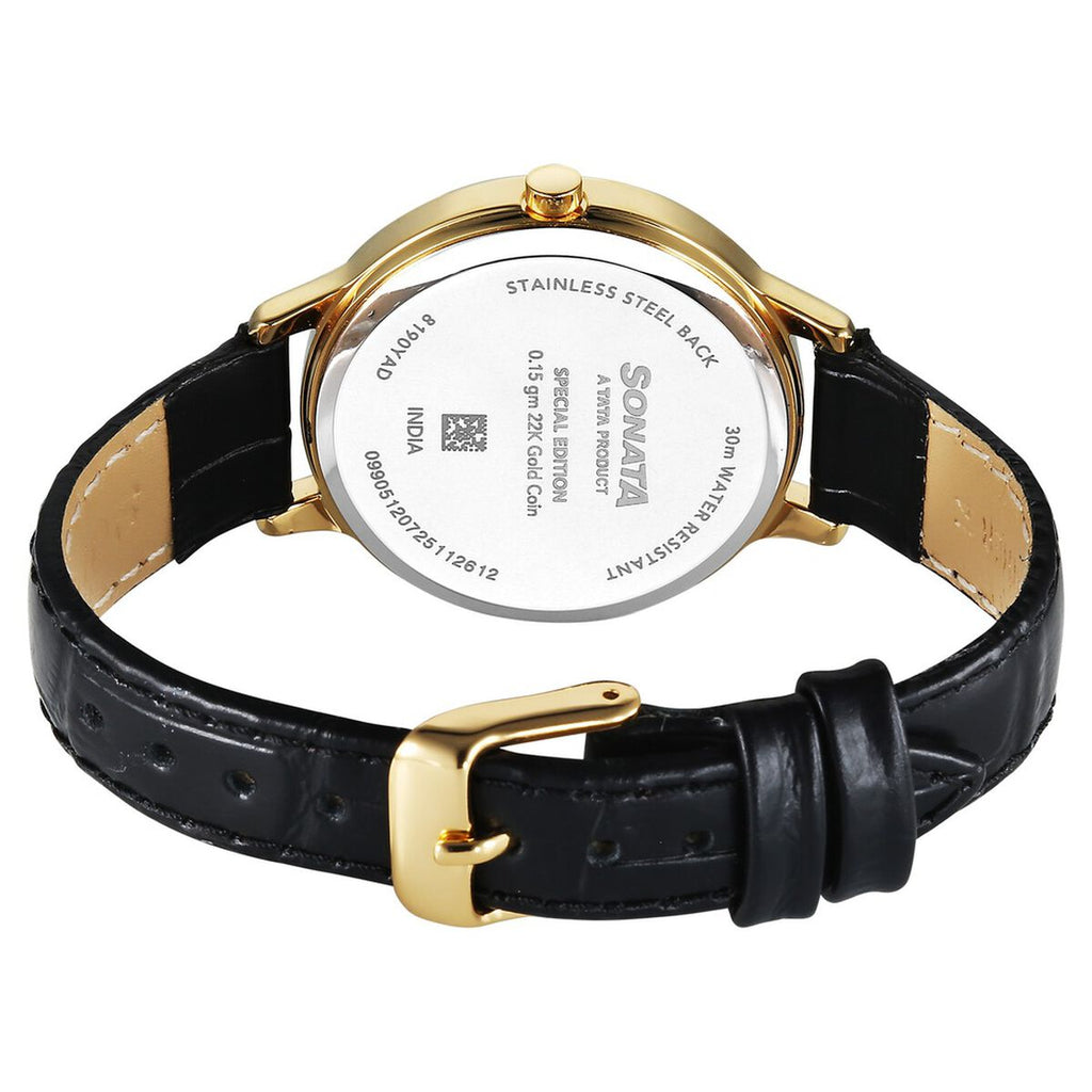 Sonata Gold Champagne with Gold Coin Dial Black Leather Strap Women's Watch 8190YL02 - view 6