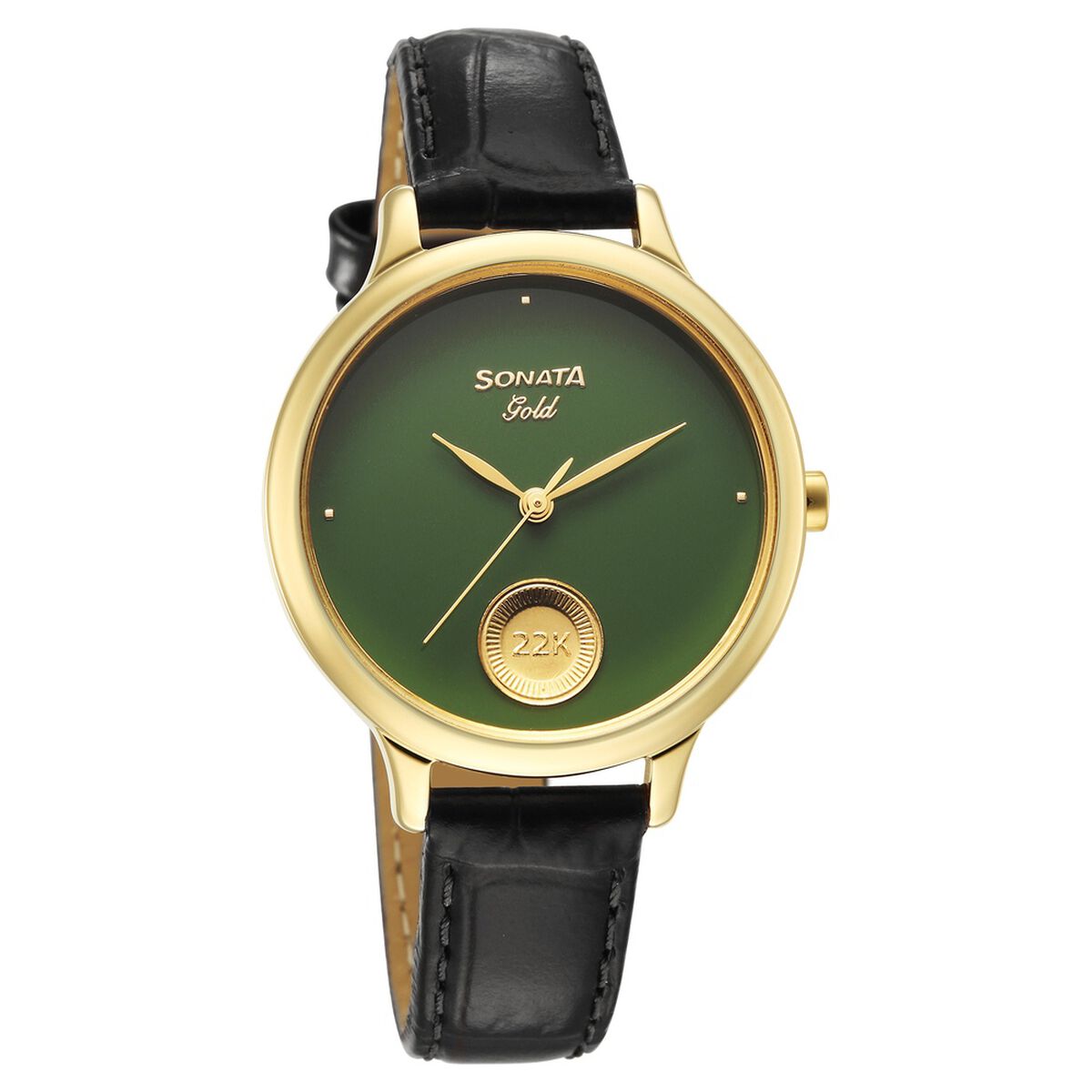 Sonata Gold Sacred Forest Green with Gold Coin Dial Black Leather Strap Women's Watch 8190YL04 - view 1