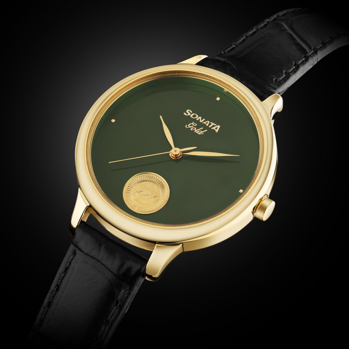 Sonata Gold Sacred Forest Green with Gold Coin Dial Black Leather Strap Women's Watch 8190YL04 - view 2
