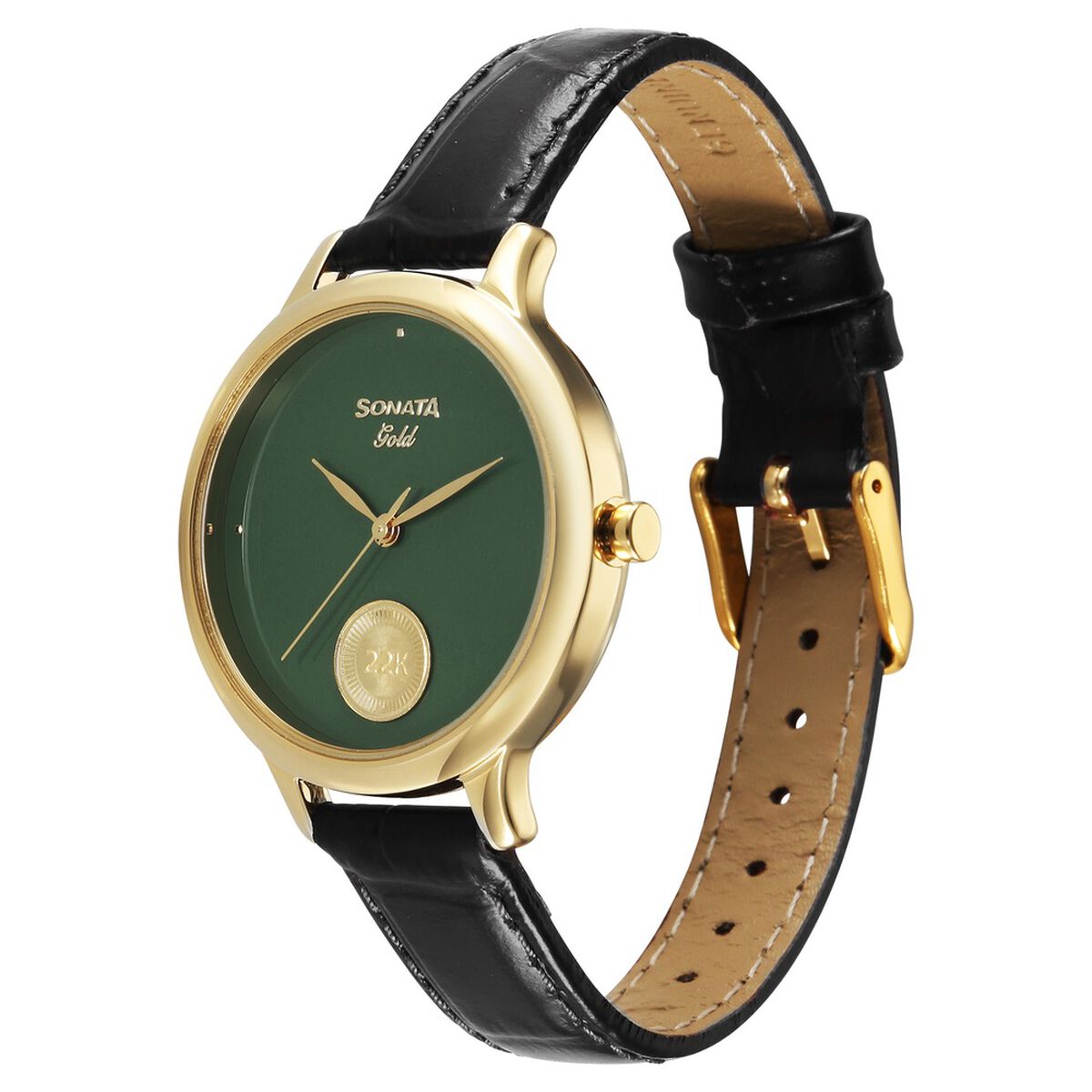 Sonata Gold Sacred Forest Green with Gold Coin Dial Black Leather Strap Women's Watch 8190YL04 - view 3