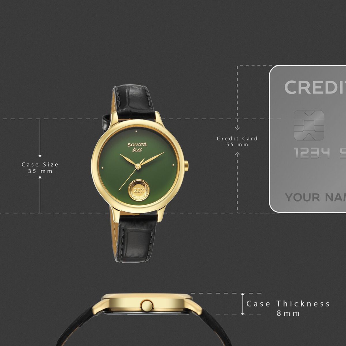 Sonata Gold Sacred Forest Green with Gold Coin Dial Black Leather Strap Women's Watch 8190YL04 - view 4