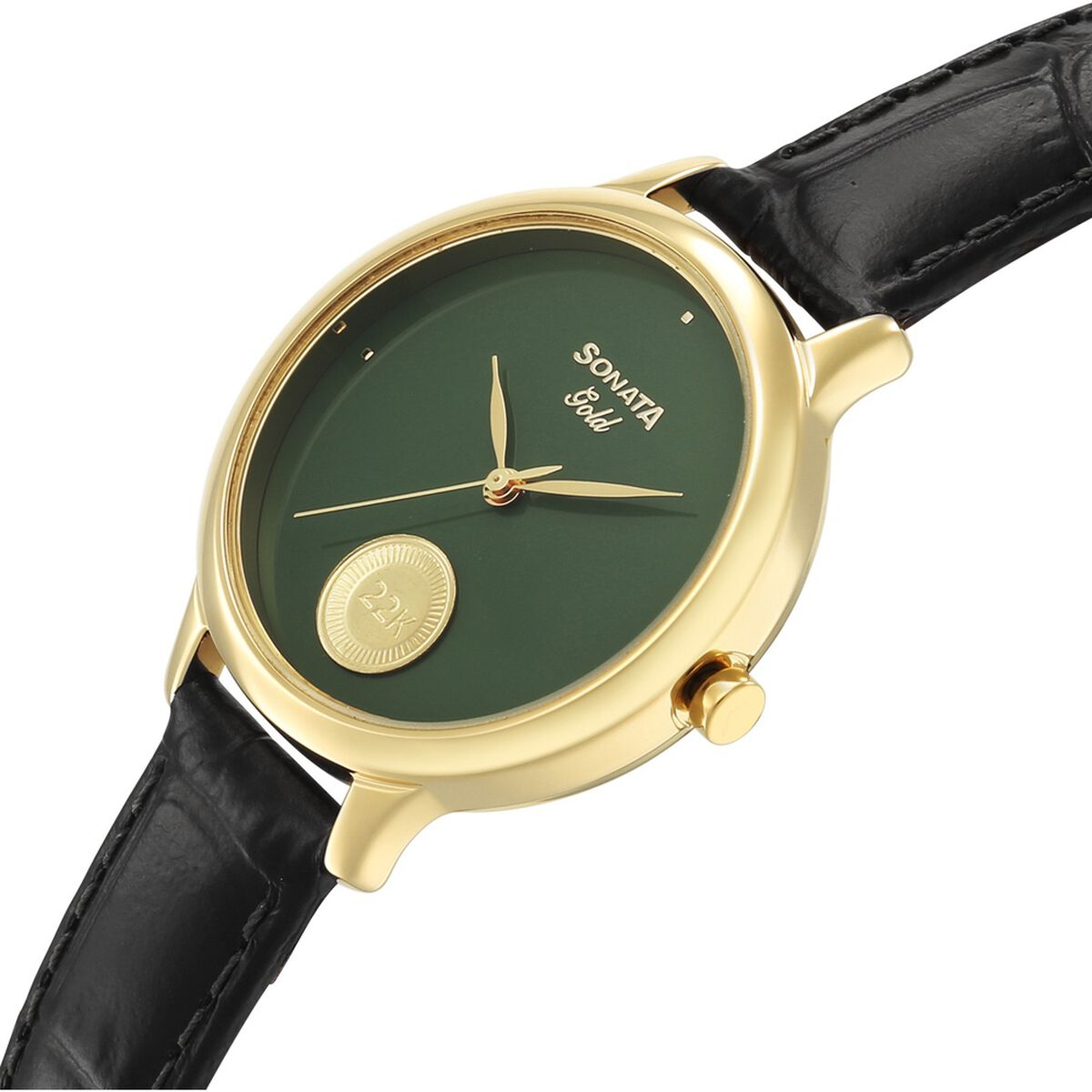 Sonata Gold Sacred Forest Green with Gold Coin Dial Black Leather Strap Women's Watch 8190YL04 - view 5