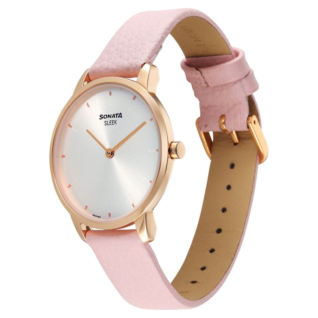Sonata Sleek Silver Dial Pink Leather Strap Women's Watch 8200WL02 - view 2