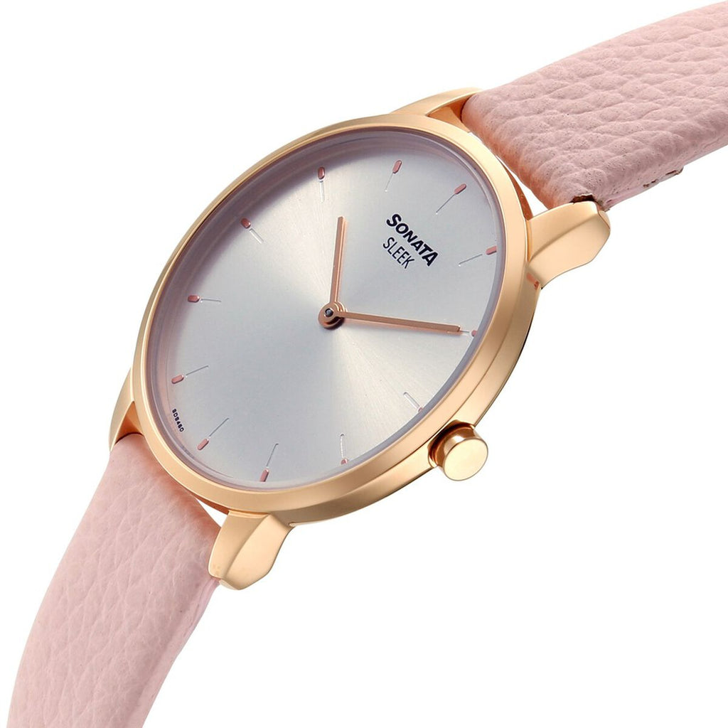 Sonata Sleek Silver Dial Pink Leather Strap Women's Watch 8200WL02 - view 3