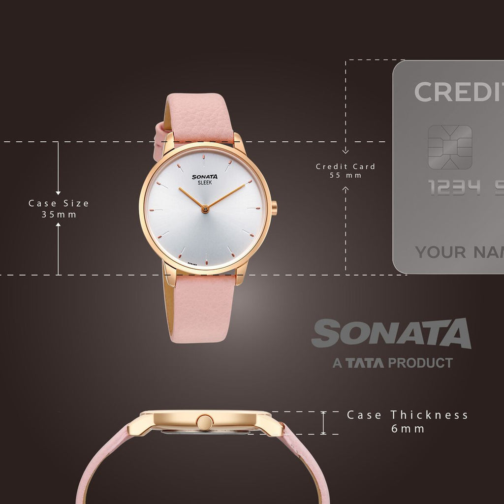 Sonata Sleek Silver Dial Pink Leather Strap Women's Watch 8200WL02 - view 4