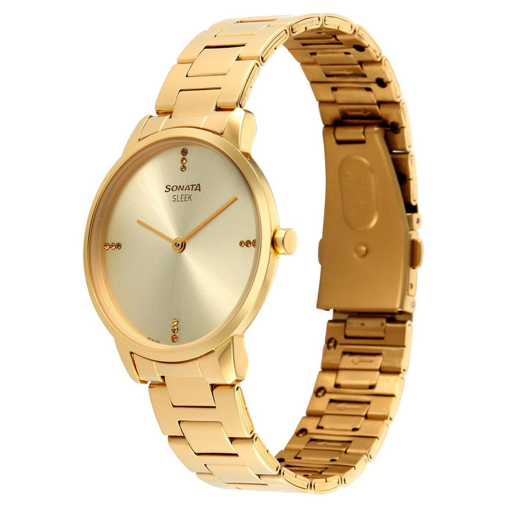 Sonata Sleek Champagne Dial Gold-Tone Metal Strap Women's Watch 8200YM01 - view 2
