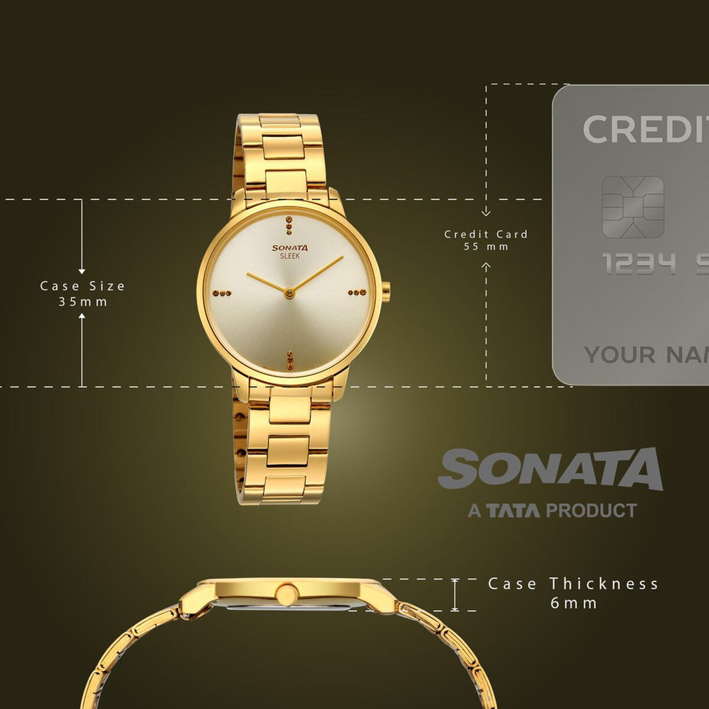 Sonata Sleek Champagne Dial Gold-Tone Metal Strap Women's Watch 8200YM01 - view 4