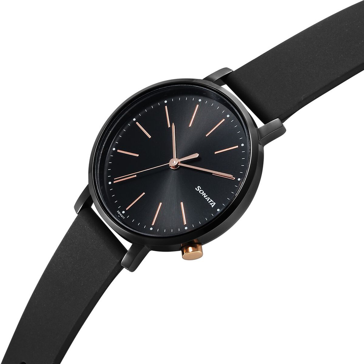 Sonata Essentials Black Dial Black Polyurethane Strap Women's Watch 87045KP01 - view 3