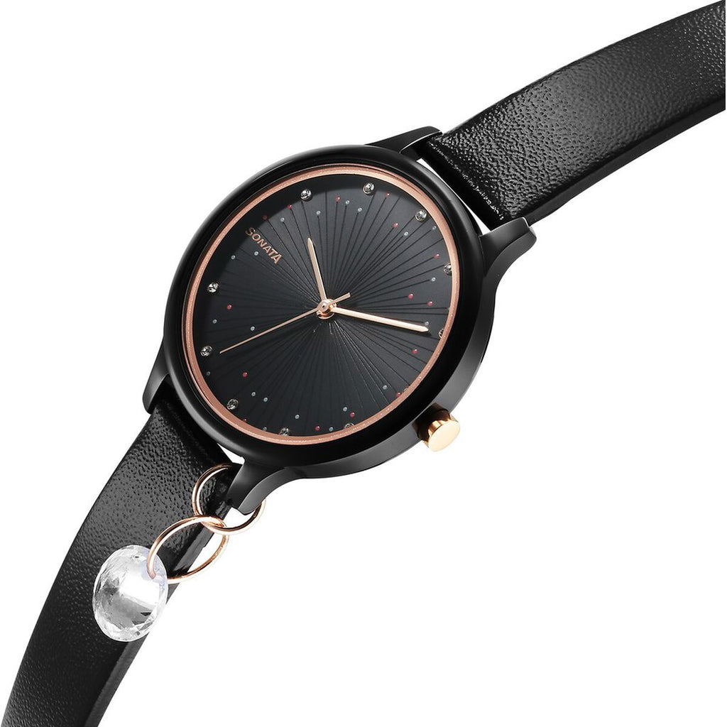Sonata Blush Black Dial Black Leather Strap Women's Watch 87050KL01 - view 3