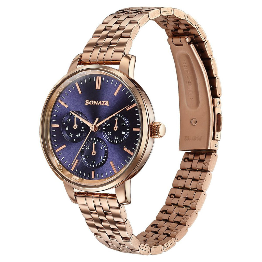 Sonata Verve Blue Dial Rose Gold Metal Strap Women's Watch 87102WM01 - view 3