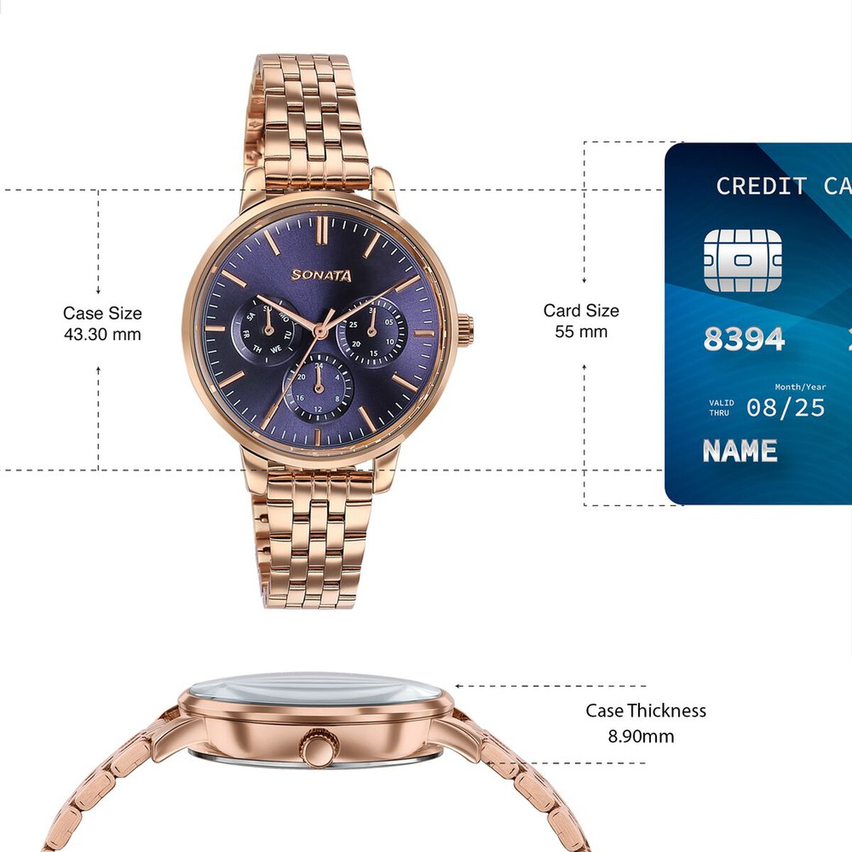 Sonata Verve Blue Dial Rose Gold Metal Strap Women's Watch 87102WM01 - view 4