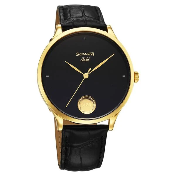 Sonata Gold Black Dial Leather Strap Men's Analog Watch 7153YL01 - view 1