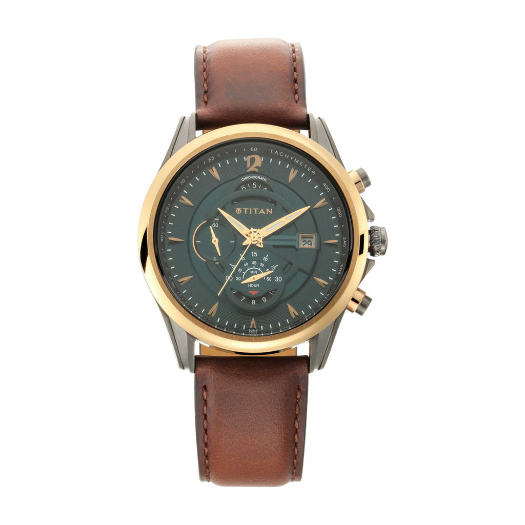 Titan Maritime Sea Green Dial Brown Leather Strap Men's Chronograph Watch 1830KL02 - view 1