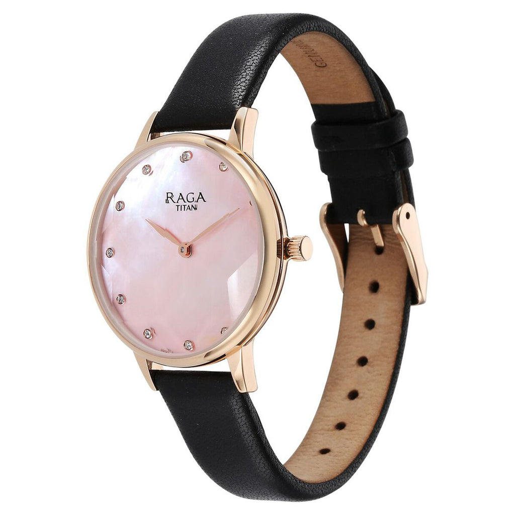 Titan Raga Showstopper Mother Of Pearl Dial Black Leather Strap Women's Watch 95274WL01 - view 3