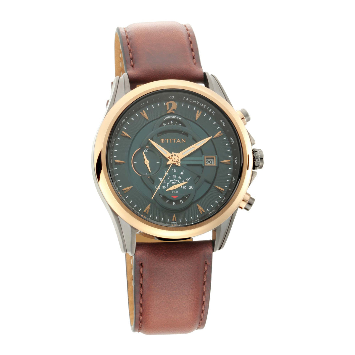 Titan Maritime Sea Green Dial Brown Leather Strap Men's Chronograph Watch 1830KL02 - view 3