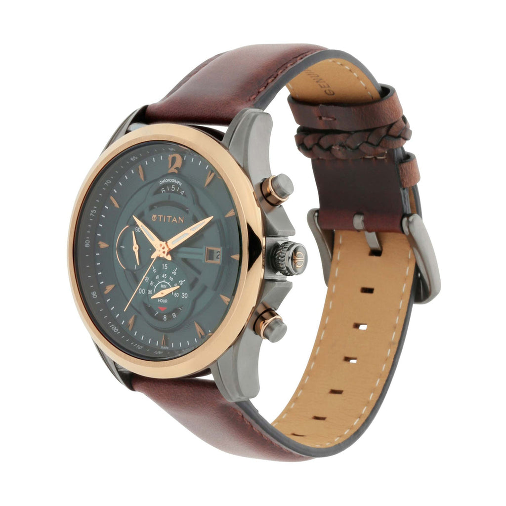Titan Maritime Sea Green Dial Brown Leather Strap Men's Chronograph Watch 1830KL02 - view 4
