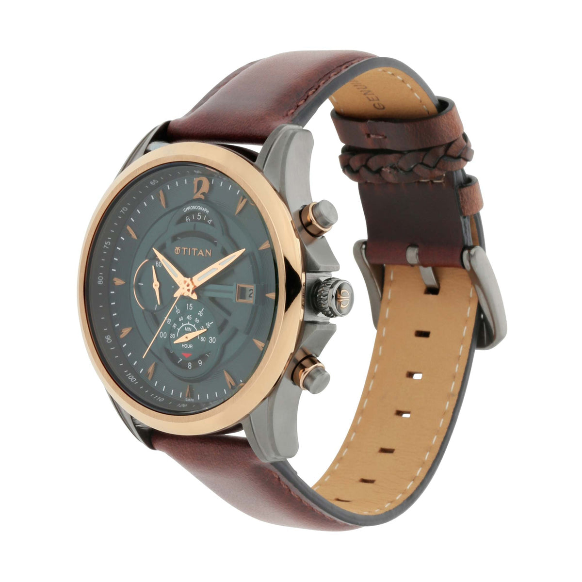Titan Maritime Sea Green Dial Brown Leather Strap Men's Chronograph Watch 1830KL02 - view 4