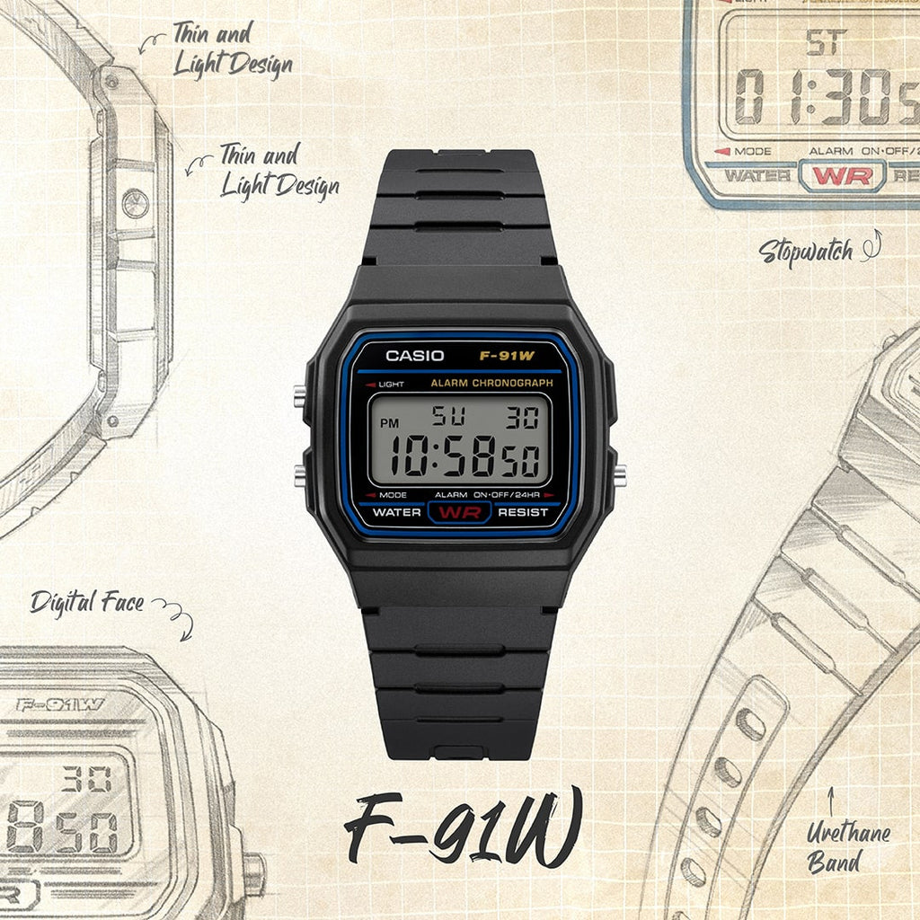 Casio Youth Digital Black Dial Black Resin Strap Unisex Watch F-91W-1Q - view 1