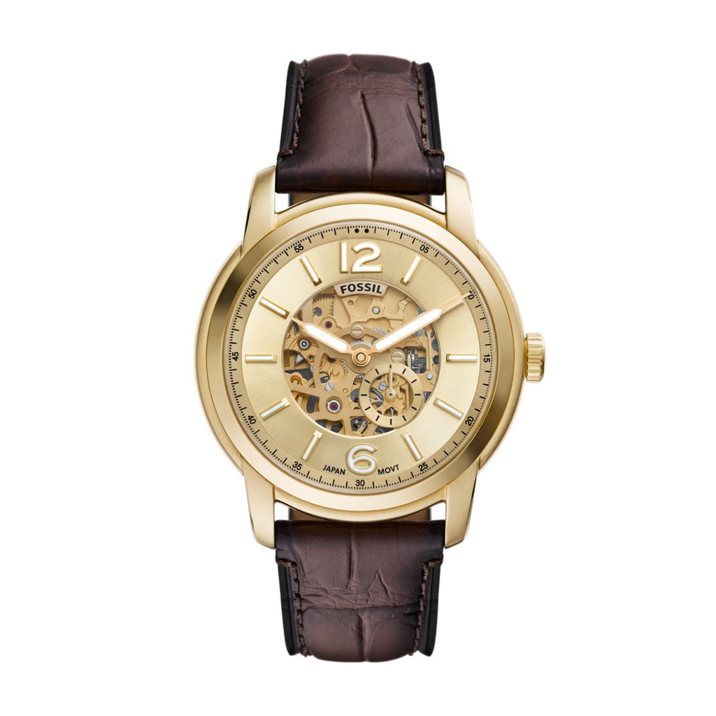 Fossil Heritage Automatic Gold-Tone Skeleton Dial Brown Croco Leather Strap Men's Watch ME3279 - view 1