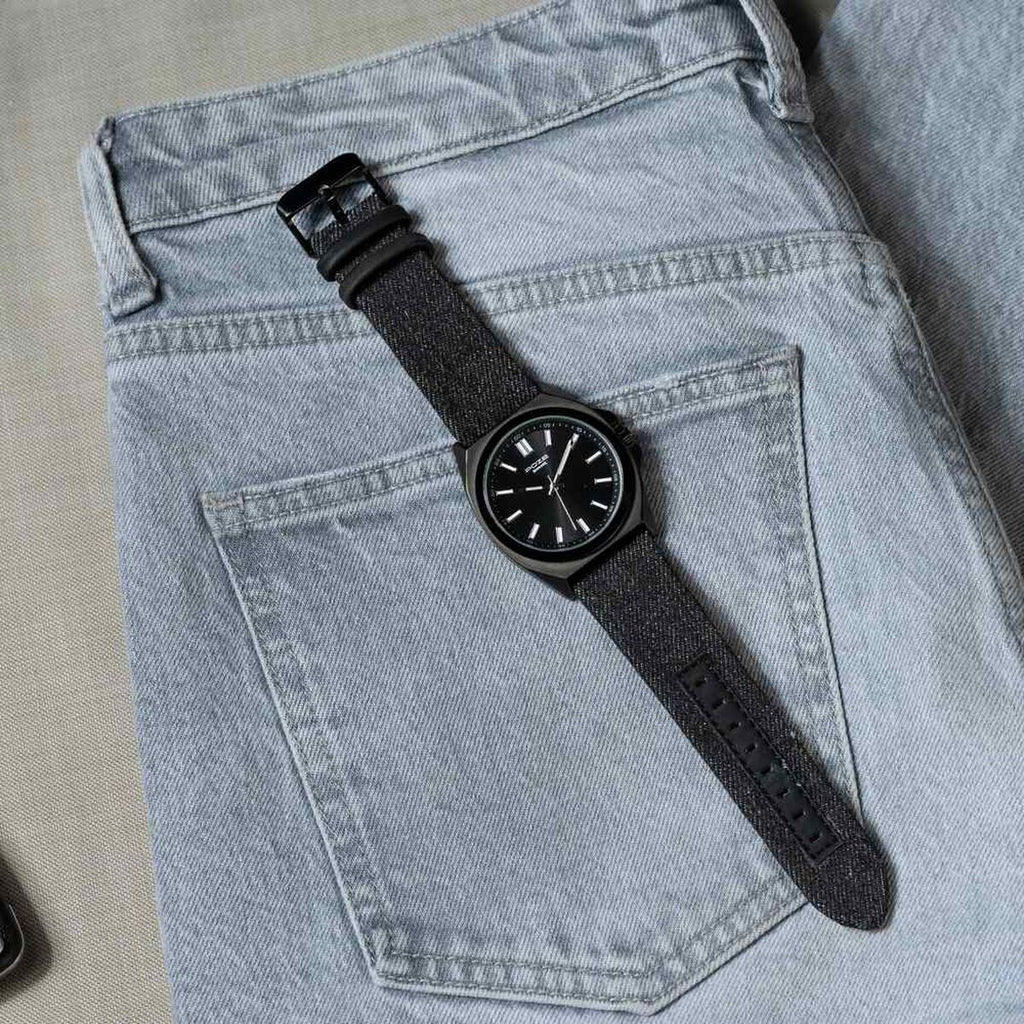Sonata Poze Black Dial Black Denim Leather Strap Men's Watch SP70081NL01W - view 1