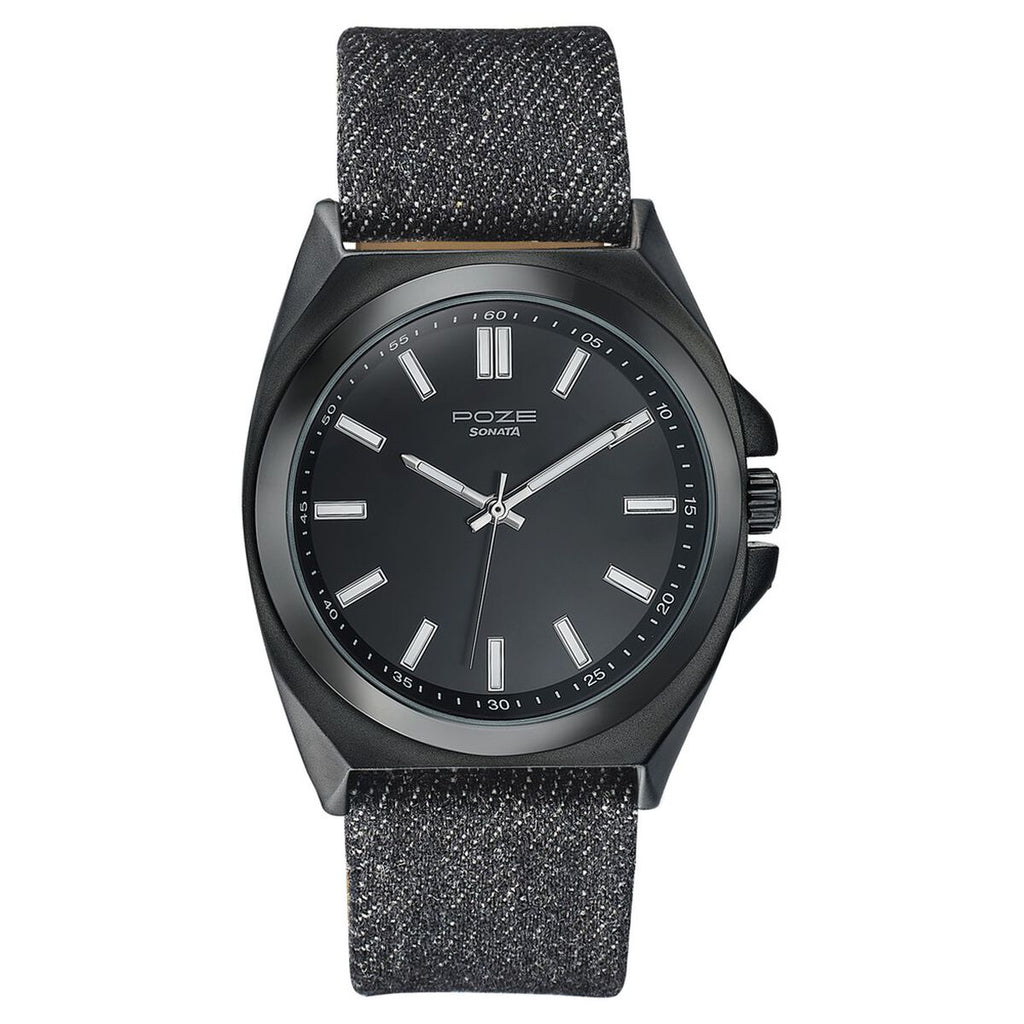 Sonata Poze Black Dial Black Denim Leather Strap Men's Watch SP70081NL01W - view 2