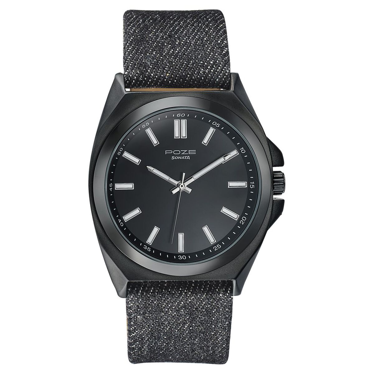 Sonata Poze Black Dial Black Denim Leather Strap Men's Watch SP70081NL01W - view 2
