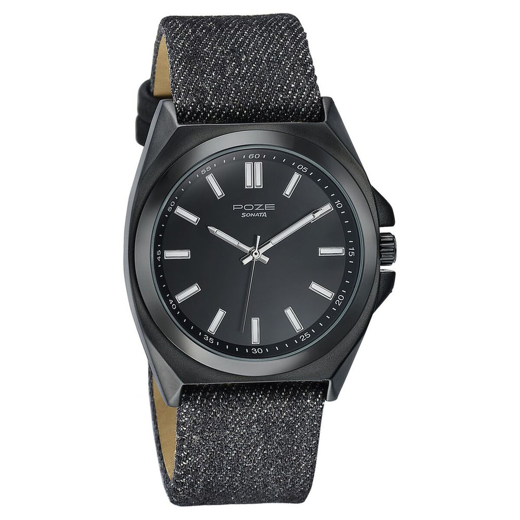 Sonata Poze Black Dial Black Denim Leather Strap Men's Watch SP70081NL01W - view 3