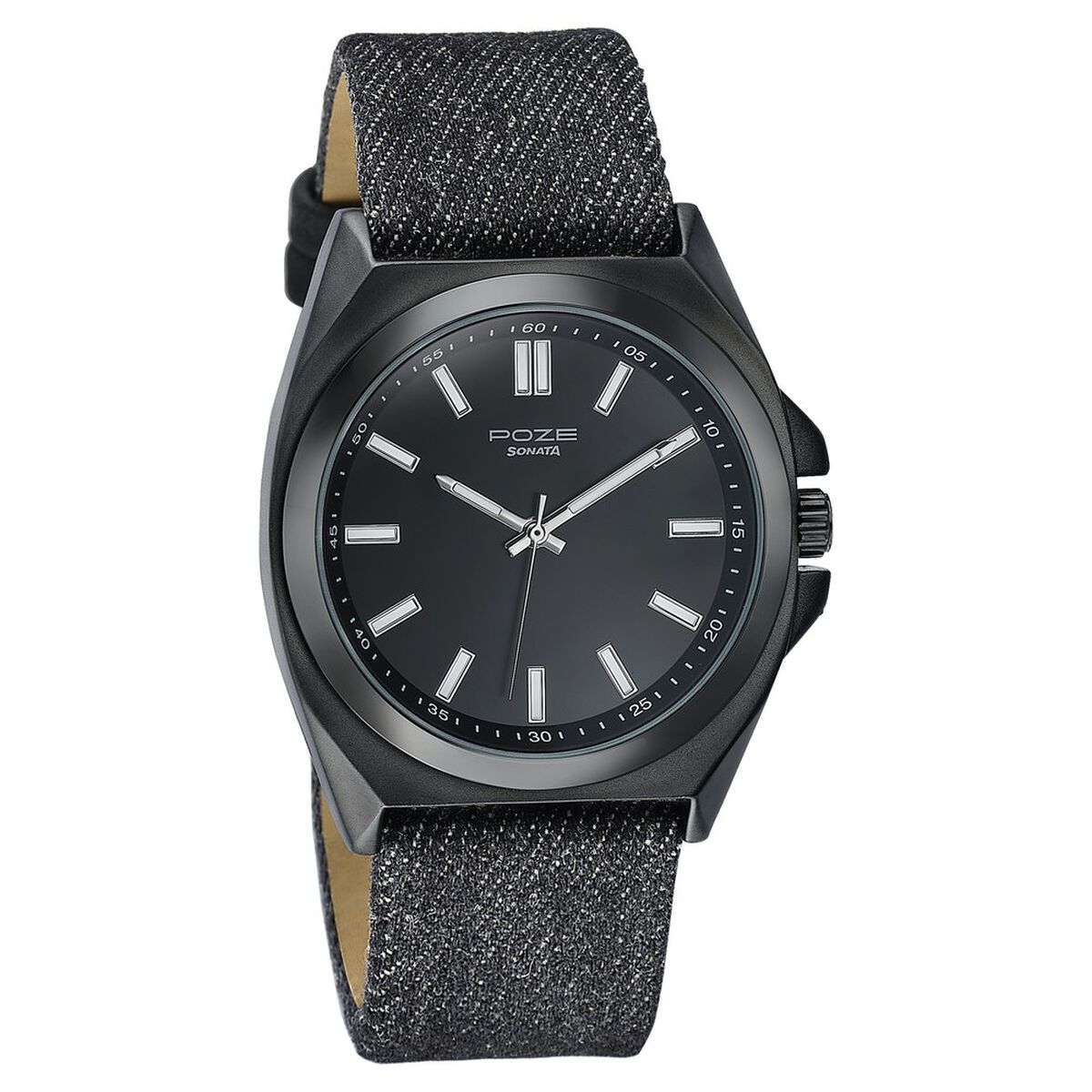 Sonata Poze Black Dial Black Denim Leather Strap Men's Watch SP70081NL01W - view 3