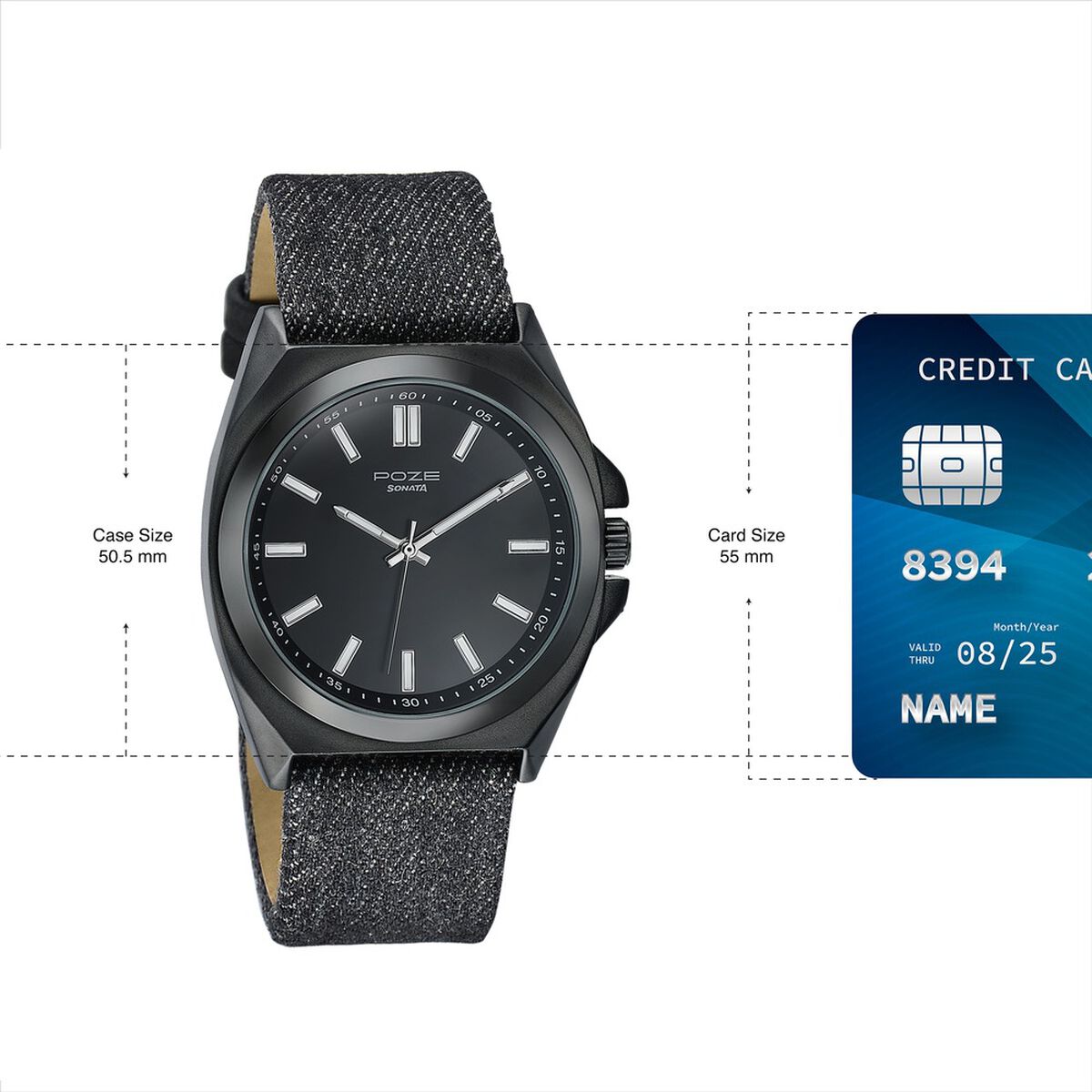 Sonata Poze Black Dial Black Denim Leather Strap Men's Watch SP70081NL01W - view 4