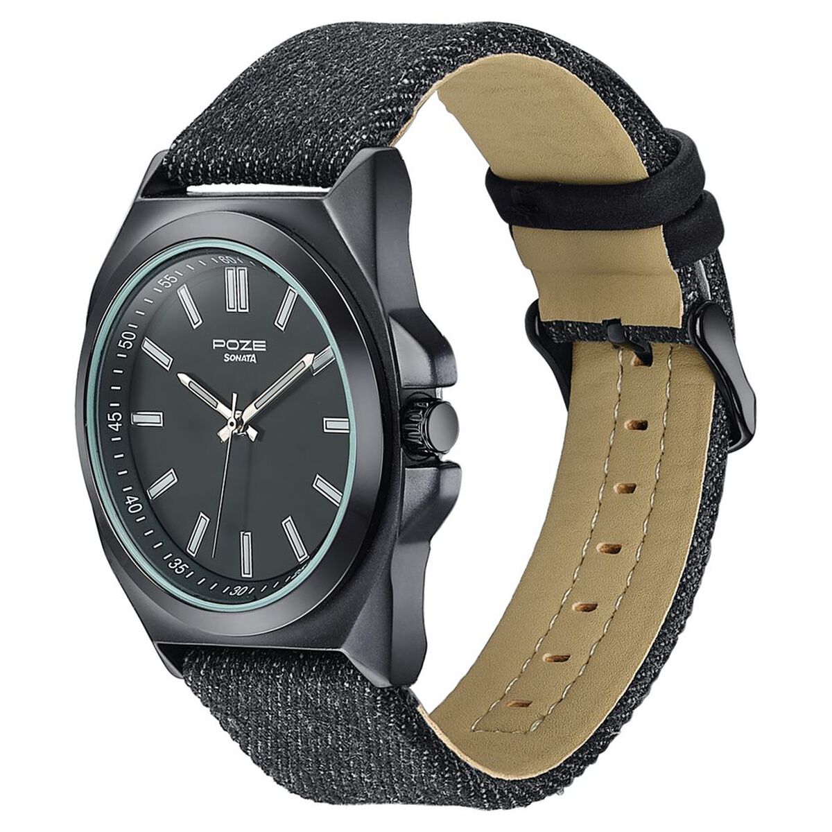 Sonata Poze Black Dial Black Denim Leather Strap Men's Watch SP70081NL01W - view 5