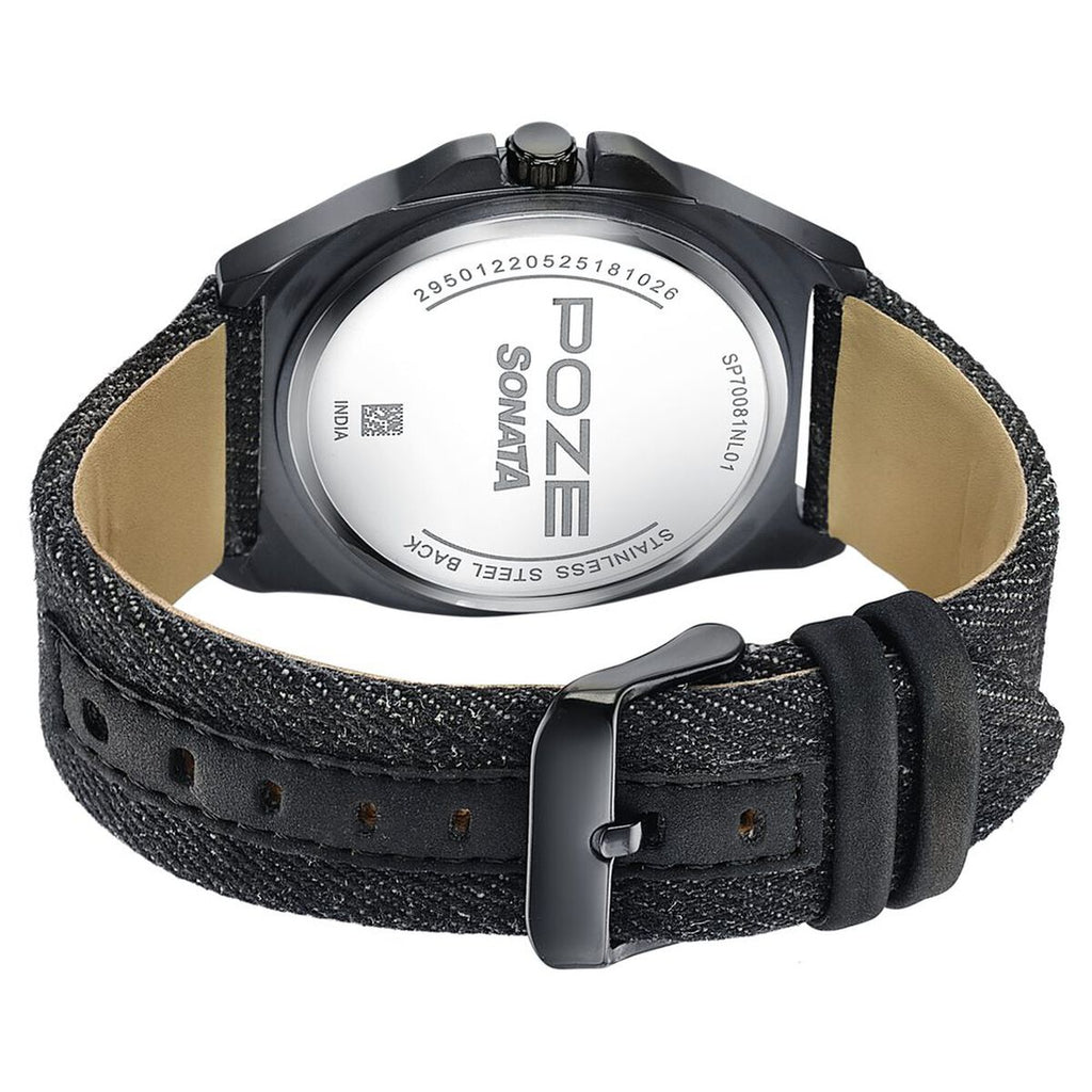 Sonata Poze Black Dial Black Denim Leather Strap Men's Watch SP70081NL01W - view 7