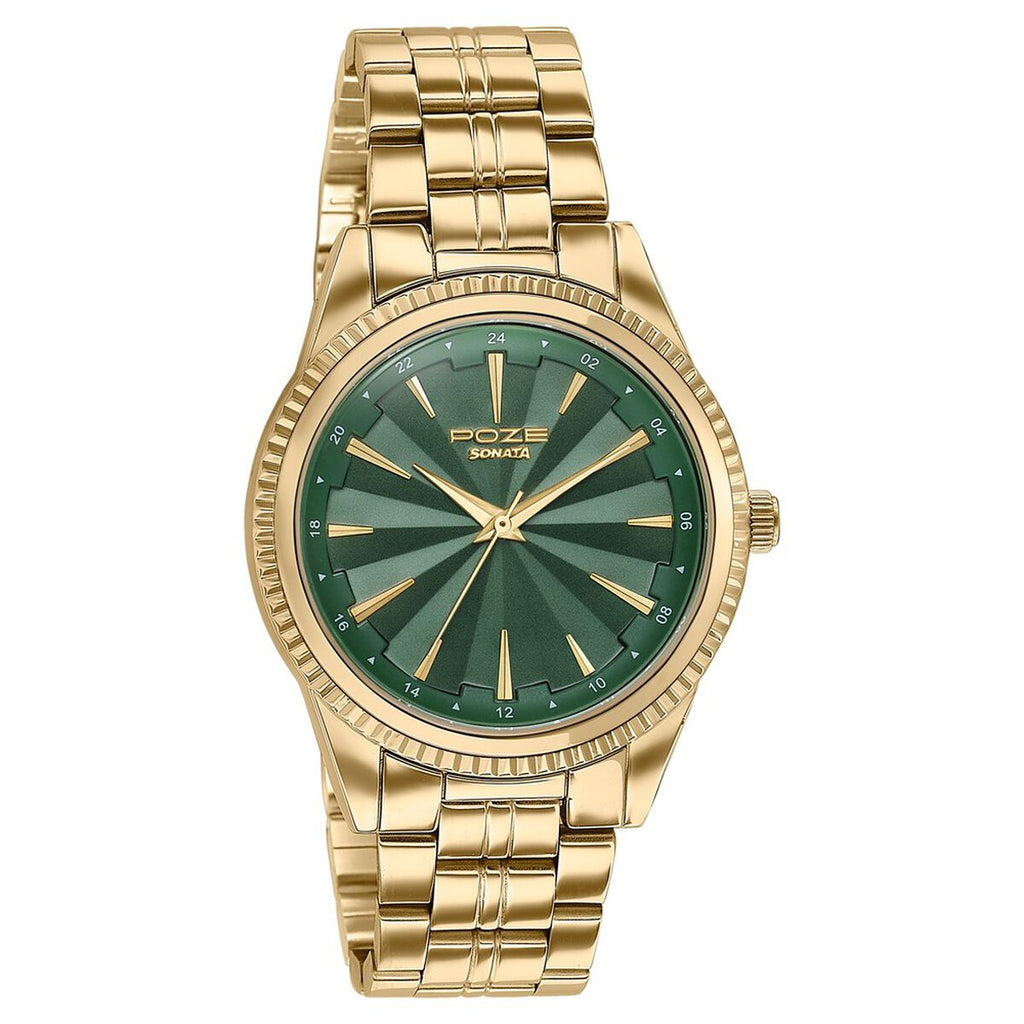 Sonata Poze Green Dial Gold-Tone Metal Strap Men's Watch SP70096YM01W - view 3