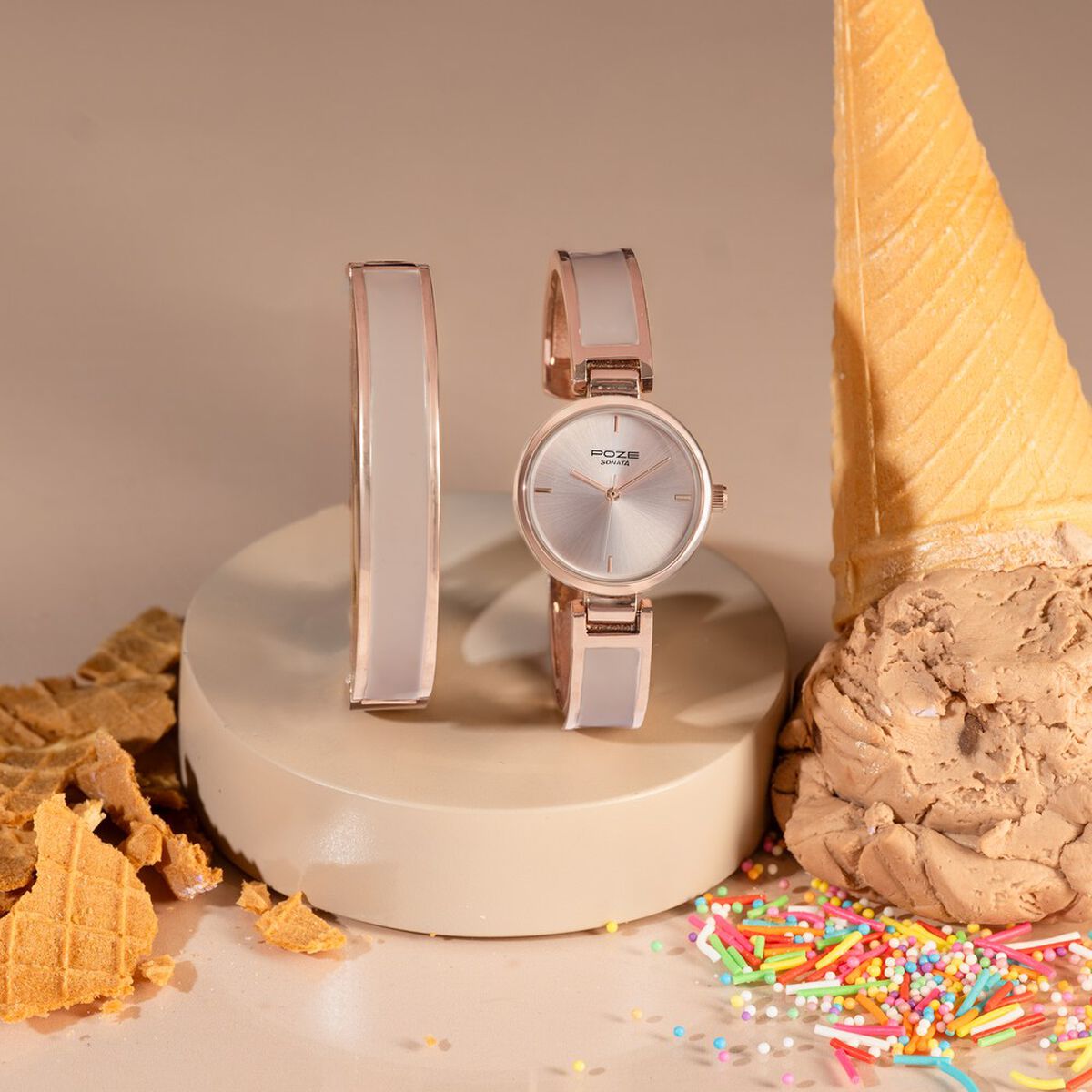 Sonata Poze Pink Dial Two-Tone Kada Strap Women's Watch SP80138KM01WF - view 1