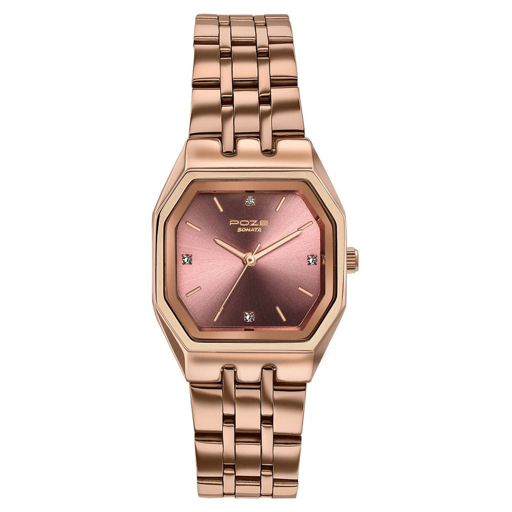 Sonata Poze Pink Dial Rose Gold Metal Strap Women's Watch SP80164WM01W - view 2