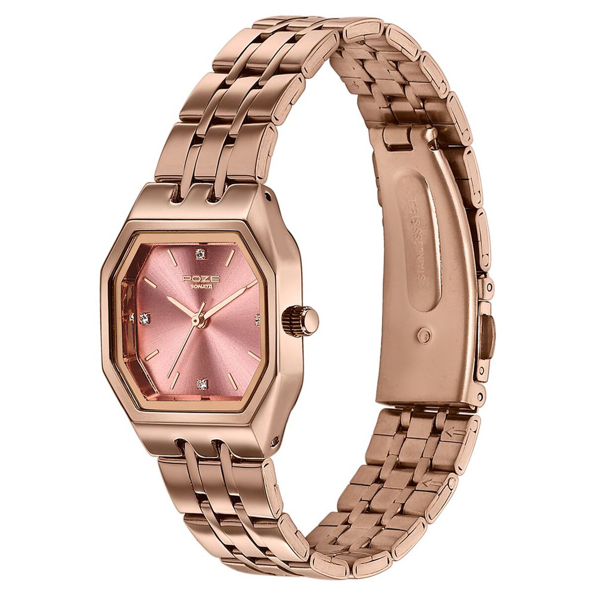 Sonata Poze Pink Dial Rose Gold Metal Strap Women's Watch SP80164WM01W - view 5