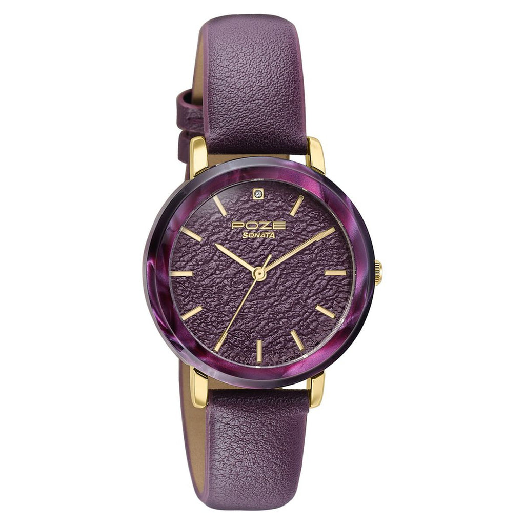 Sonata Poze Purple Dial Purple PU Leather Strap Women's Watch SP80165KL01W - view 3