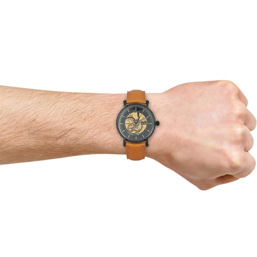 Timex E Class Automatic Blue Skeleton Dial Tan Leather Strap Men's Watch TWEG16711 - view 5