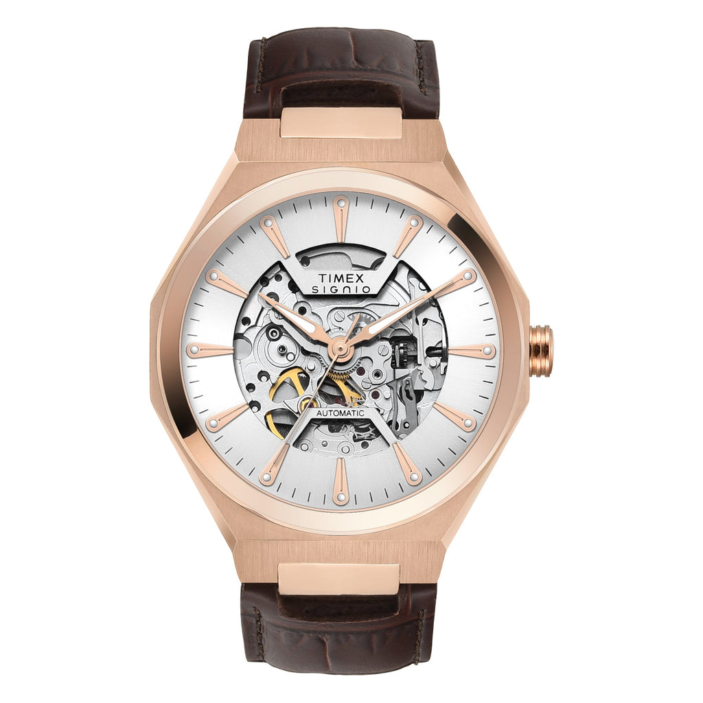 Timex Signio Automatic Silver-Tone Dial Brown Leather Strap Men's Watch TWEG33900 - view 1