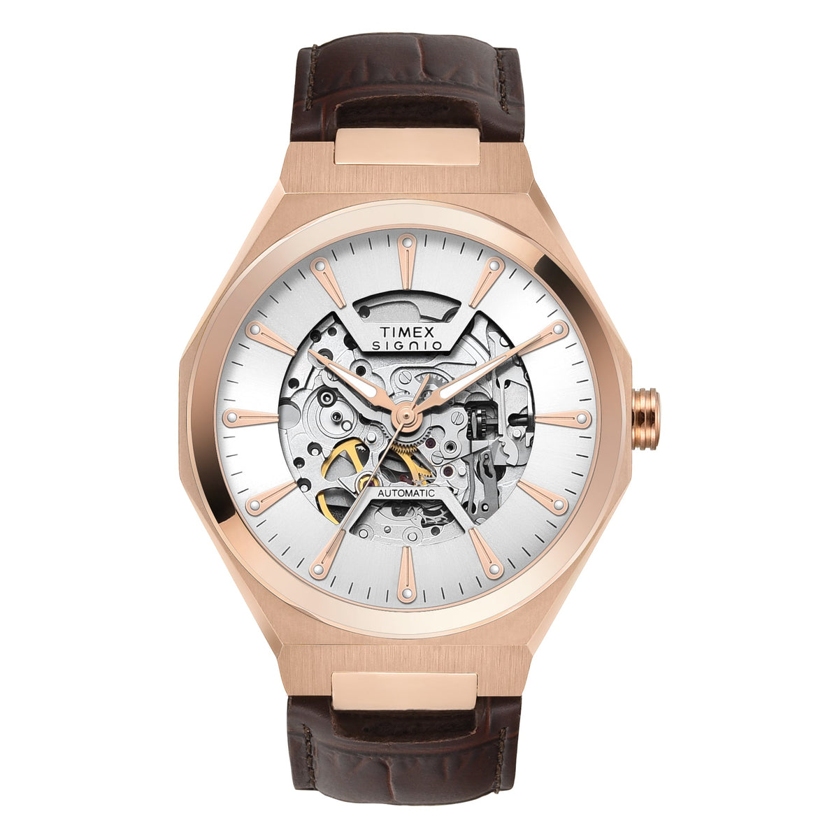 Timex Signio Automatic Silver-Tone Dial Brown Leather Strap Men's Watch TWEG33900 - view 1