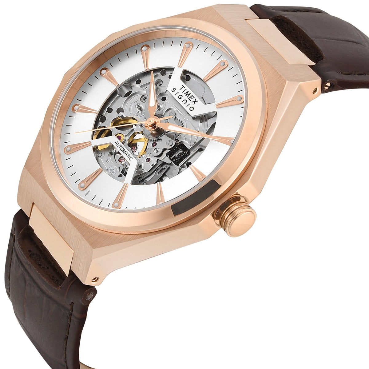 Timex Signio Automatic Silver-Tone Dial Brown Leather Strap Men's Watch TWEG33900 - view 2