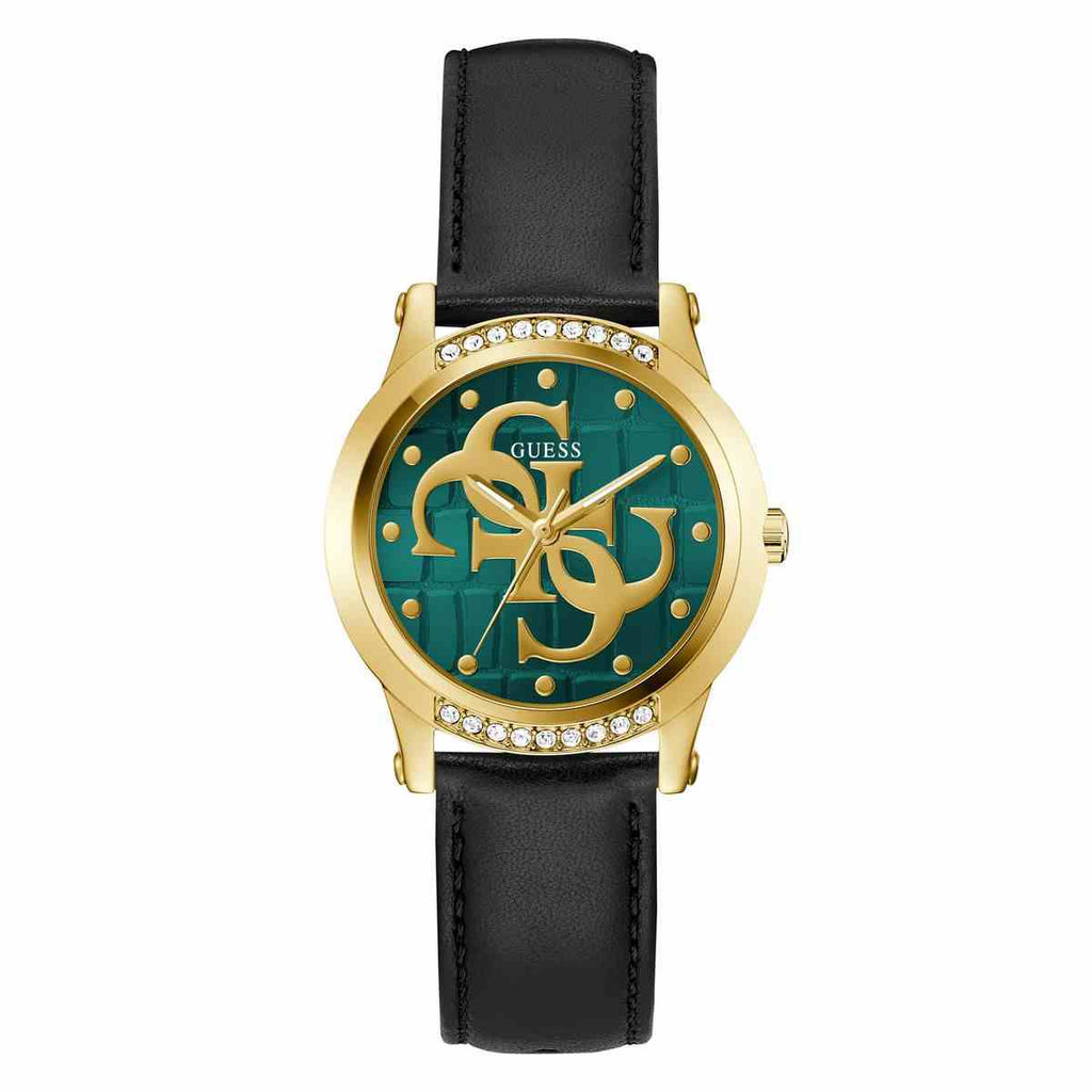 Guess 4G Logo Green Dial Gold-Tone Black Leather Strap Women's Watch GW0860L6 - view 1