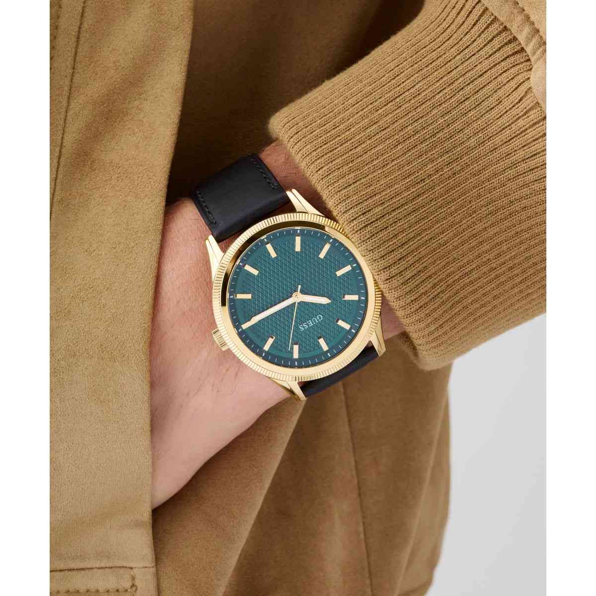 Guess Dex Green Dial Gold-Tone Black Leather Strap Men's Watch GW0846G1 - view 8