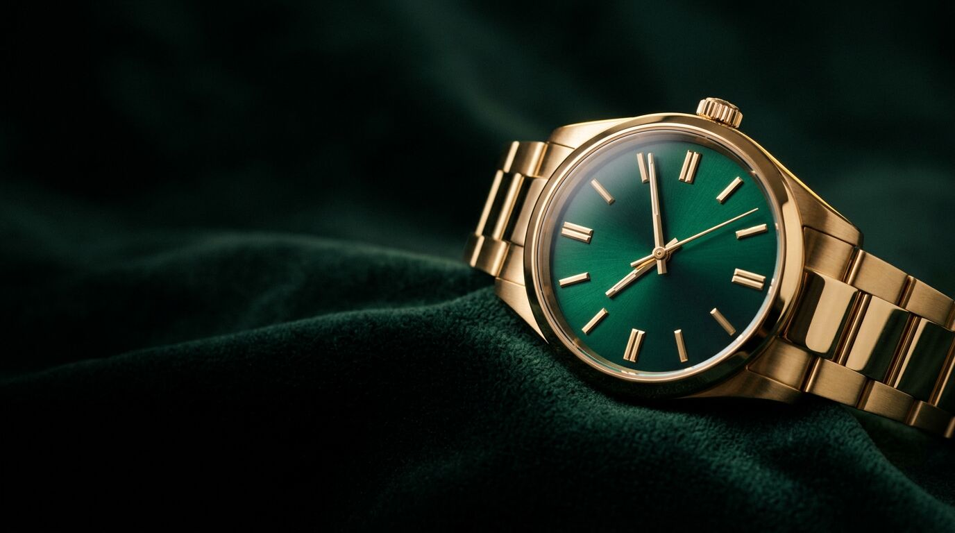 Gold Elric watch with an emerald sunburst dial